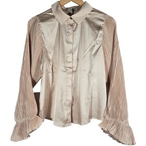 AREA STARS Womens Satin Pleated Sleeve Button Down Blouse Shirt Top Beige Medium